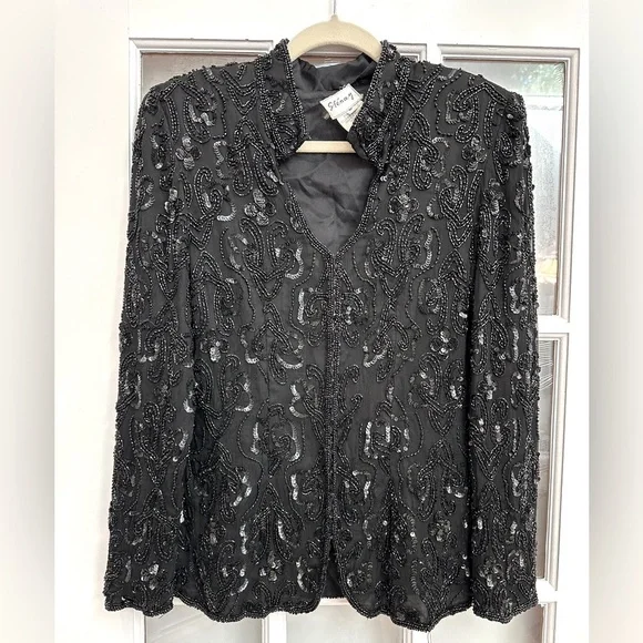 Vintage Stenay Black Hand Beaded Sequin 100% Silk Jacket Top Wimens Size Small S